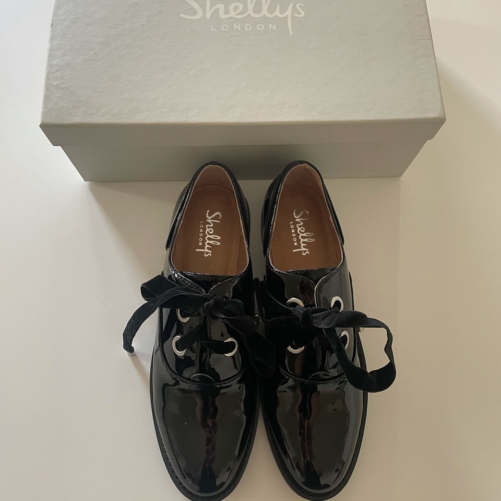 New Shellys London Black Patent Leather Oxfords